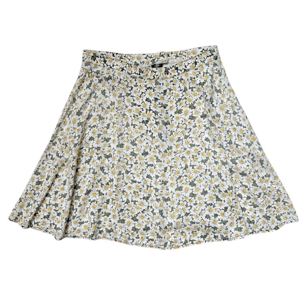90s Vintage Daisy Floral Circle Mini Skirt Flower Print Flared Rayon Faded.
